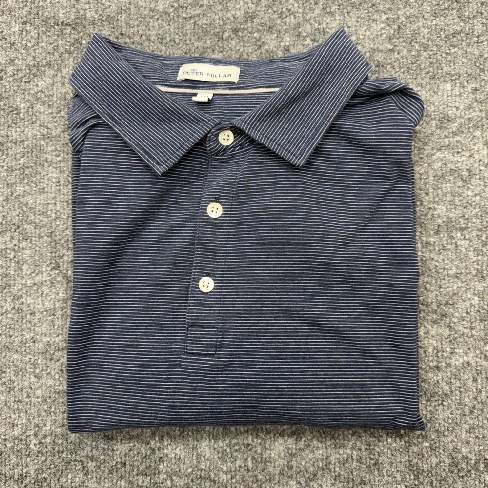 Peter Millar Mens XXL Navy Blue White Micro Stripe Pima Cotton Silk Polo Shirt - Picture 8 of 8